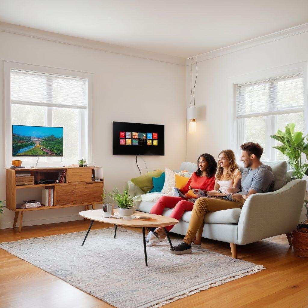 A lively scene showcasing a diverse group of friends joyfully interacting through premium webcams in a cozy, modern living room. Vibrant colors highlight their emotions and connections, with playful computer screens showing various online entertainment options like gaming and streaming. Gadgets and comfort items scattered around, creating a relaxed yet energetic atmosphere. super-realistic. vibrant colors. white background.