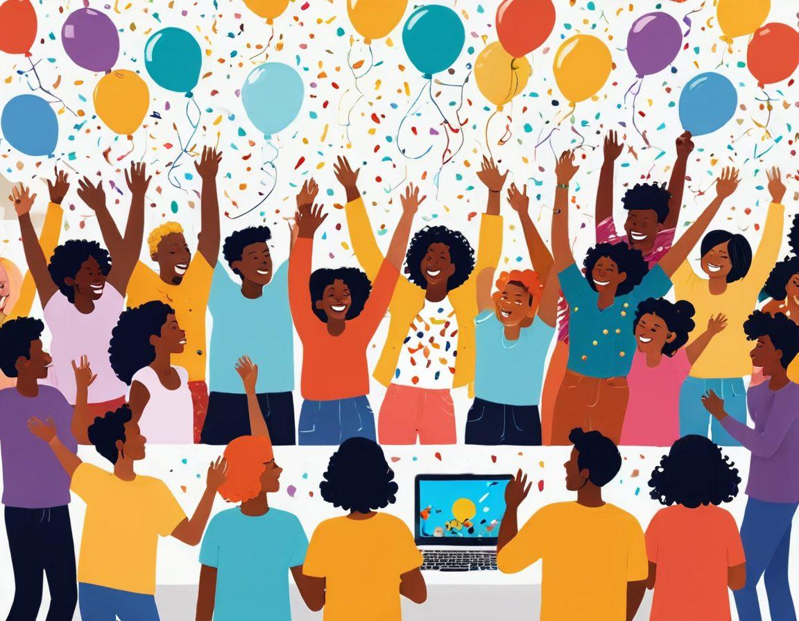 A vibrant and colorful scene of a joyful virtual gathering, showcasing diverse people from around the world interacting through live video feeds on computer screens, surrounded by confetti and balloons, radiating happiness and connection. The background displays a sunny digital landscape with bright colors and playful elements. Minimalistic design emphasizing a sense of community. cartoon style. vibrant colors. white background.