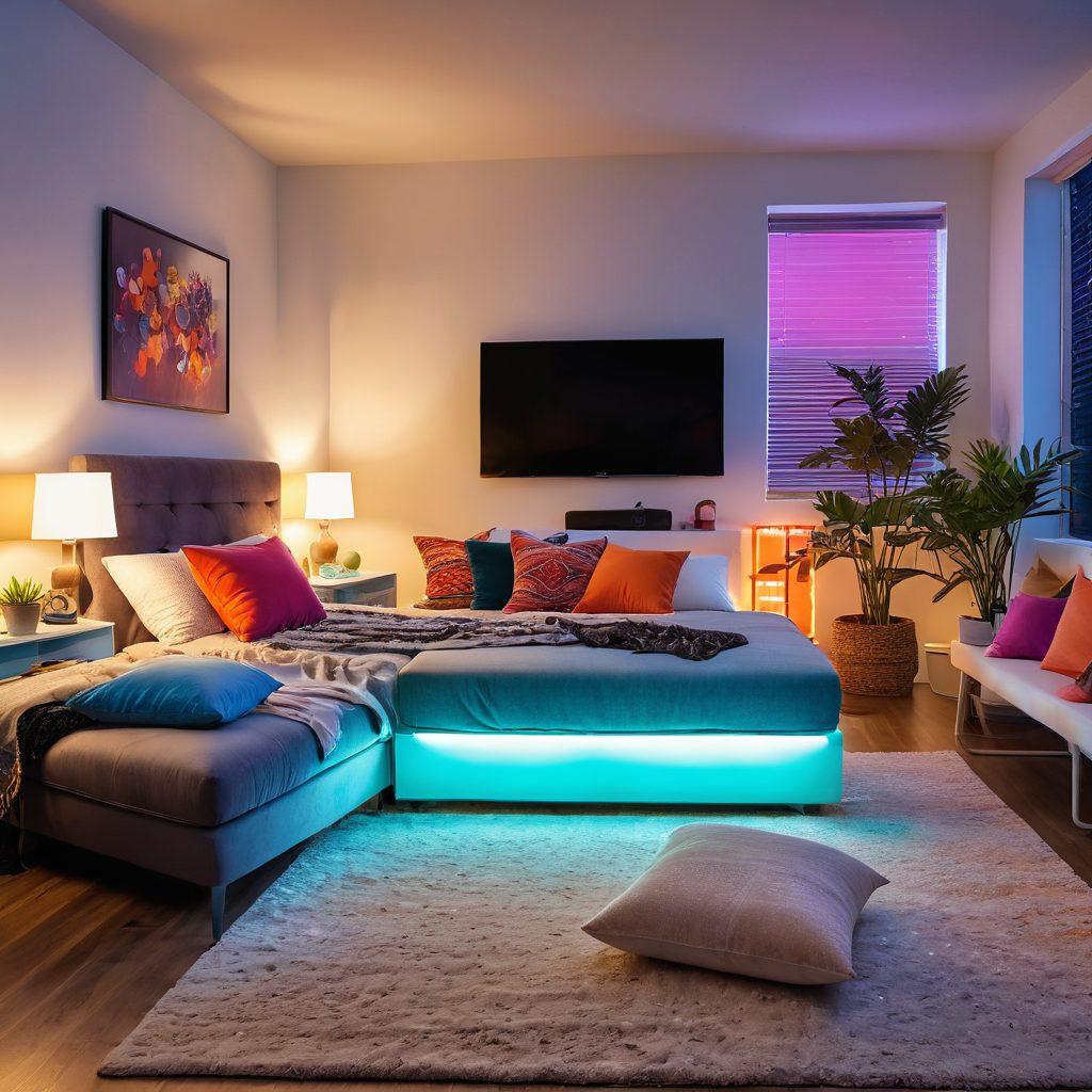A vibrant, inviting room featuring a large computer screen displaying a lively webcam interaction, with colorful lights and playful decor. Include comfortable seating, soft pillows, and a sense of intimacy to convey a welcoming atmosphere. Add subtle hints of technology, like gadgets and a streaming setup, to enhance the modern appeal. super-realistic. vibrant colors. inviting ambiance.